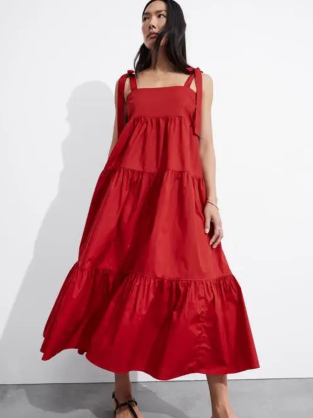RARE & Other Stories Red Tiered Tie-Shoulder Maxi Dress Medium Size 4/6 Babydoll